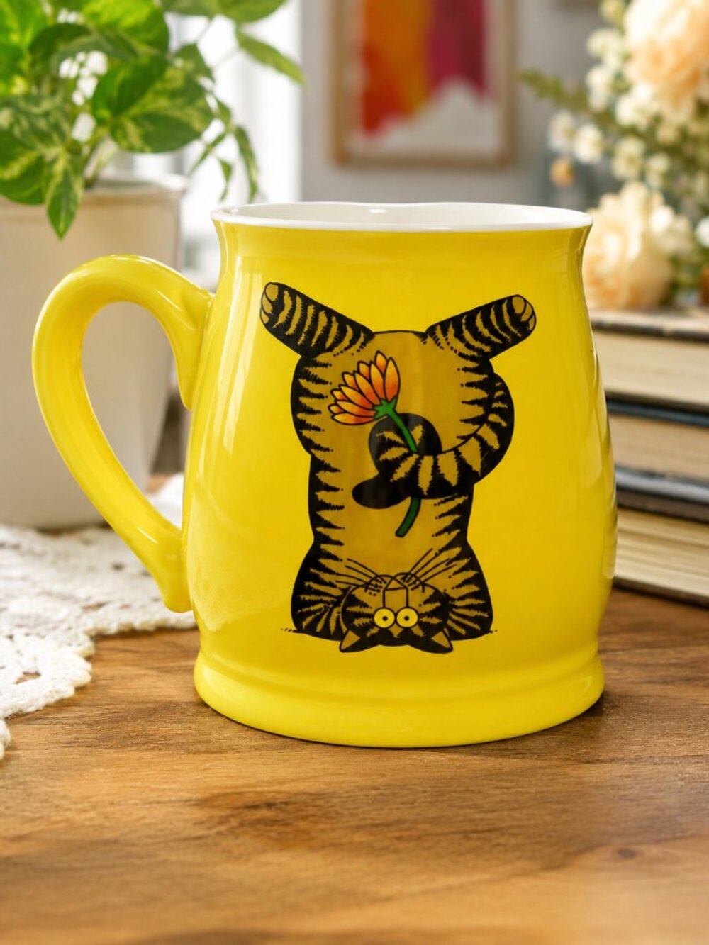 15 oz Yellow Yoga Cat Mug | Handmade Ceramic Coffee Cup | Cat Lover Gift